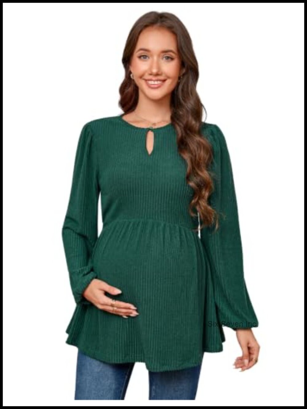 Maternity Waffle Rib Knit Peplum Blouse Puff Sleeve Flowy Top